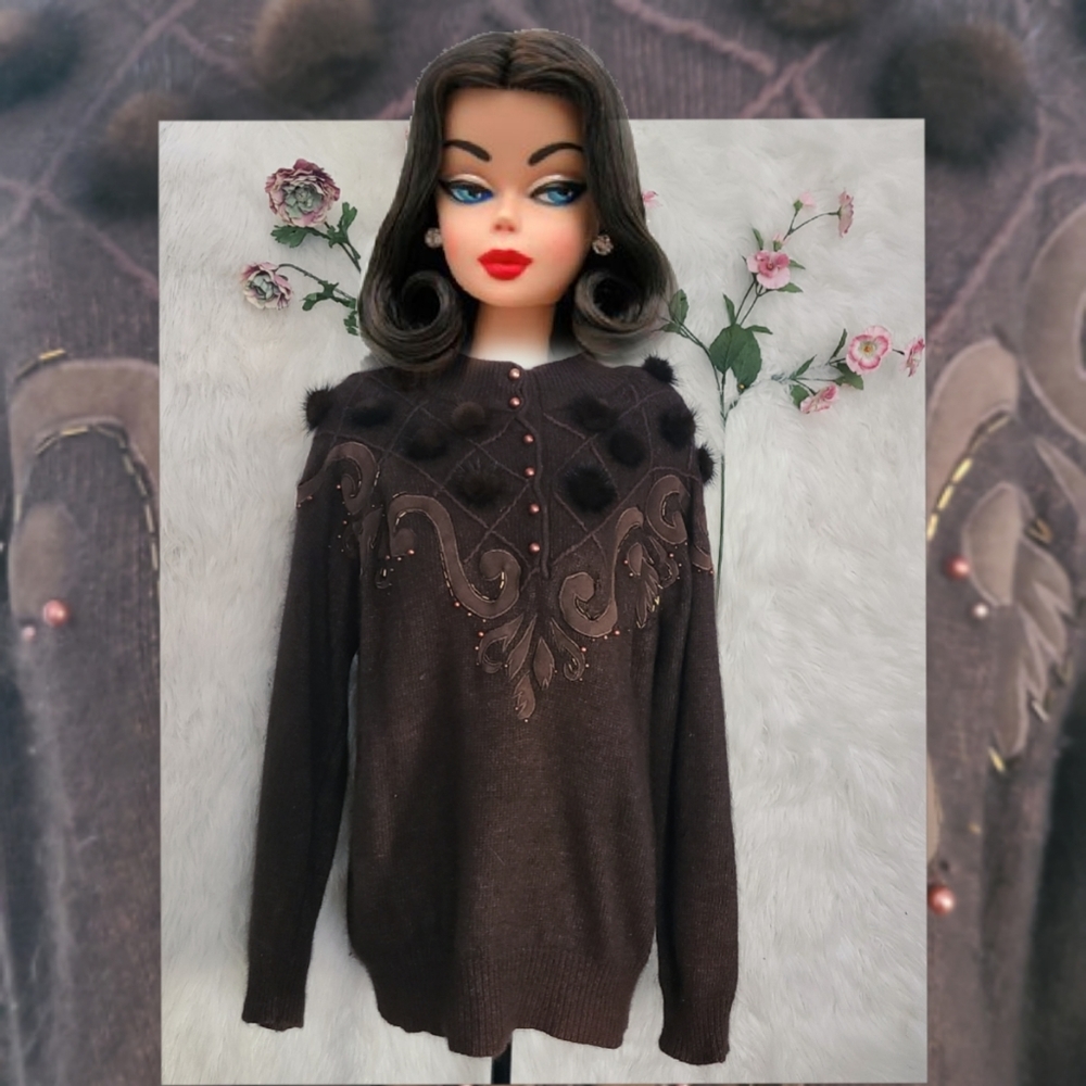 Brown Vintage lambswool sweater with rabbit hair pompoms